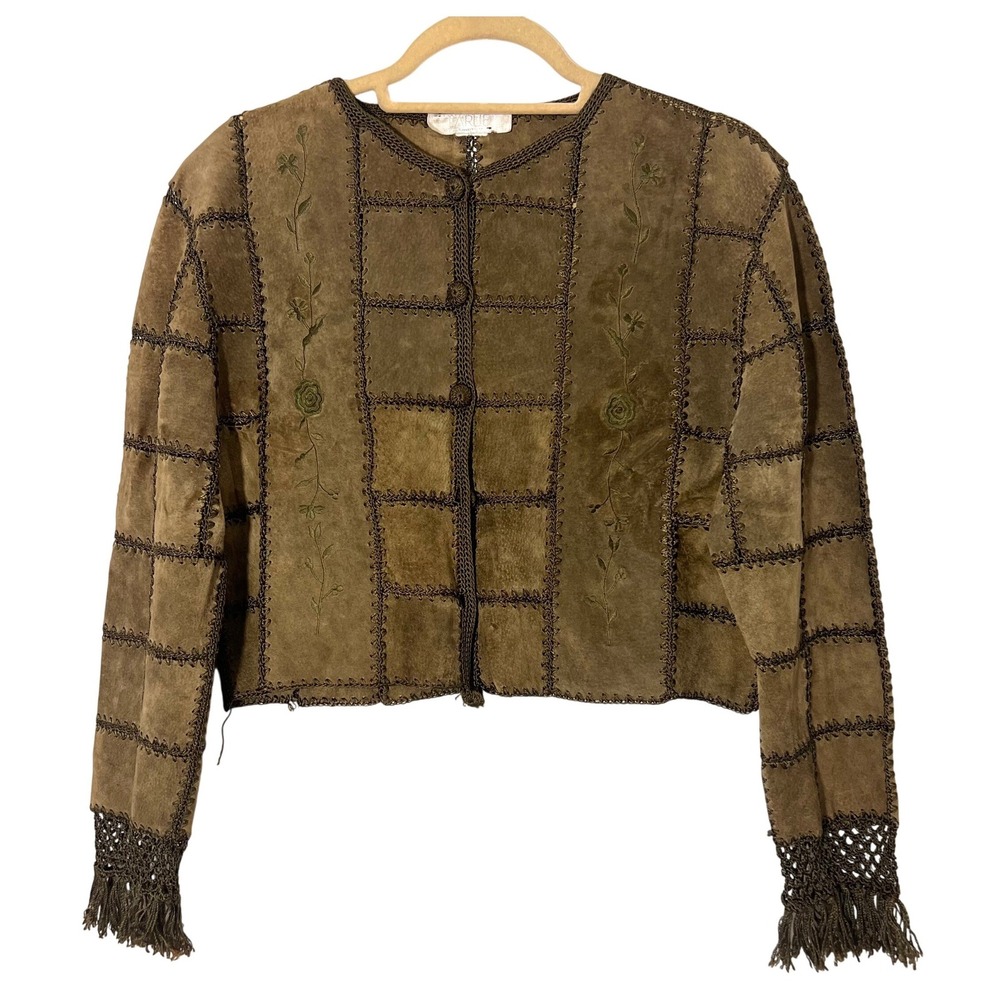 Vintage 90s Cardigan Jacket Womens S Suede Leather Crochet Trim Boho Patchwork